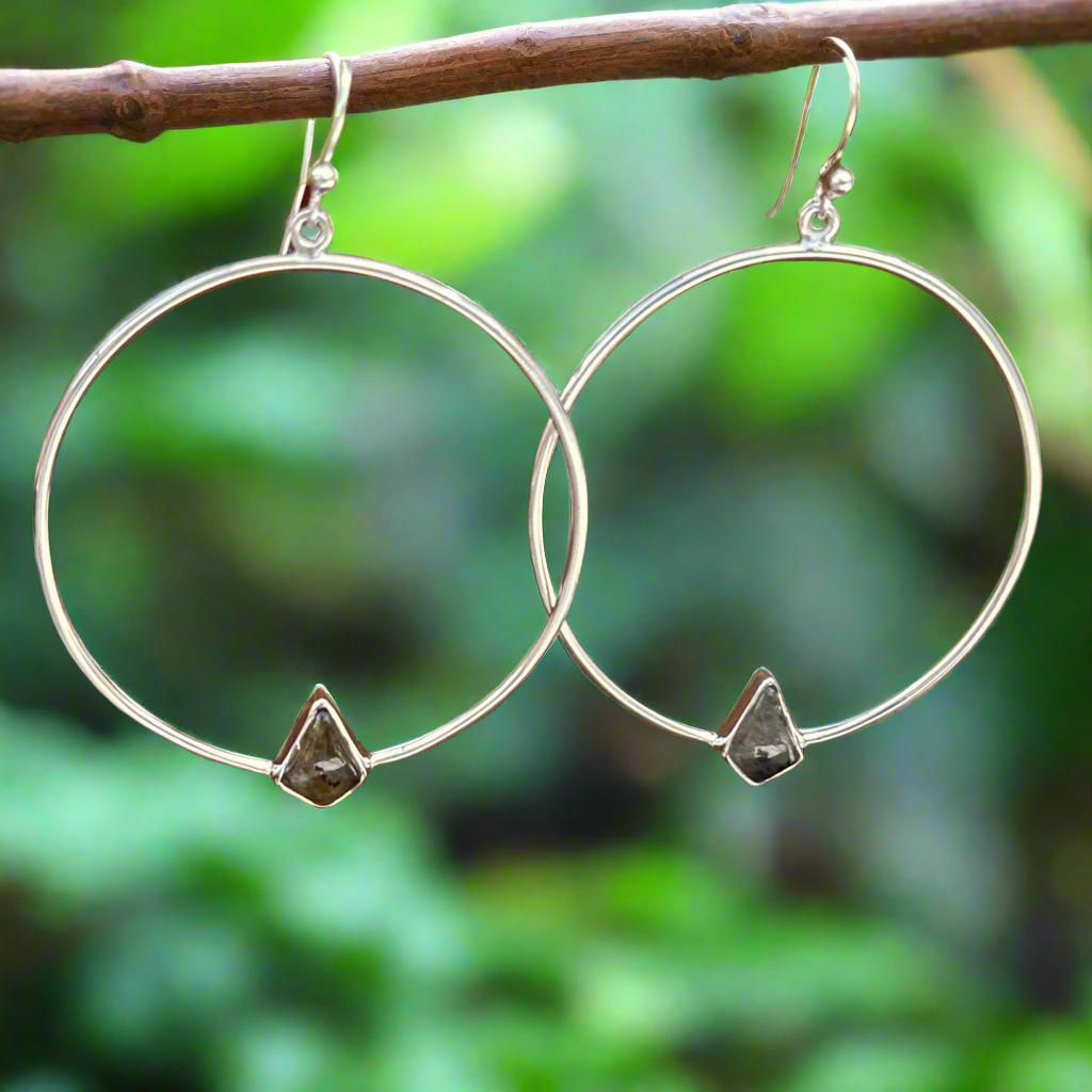 Genuine Labradorite .925 Silver Hoops 2.5” Long!