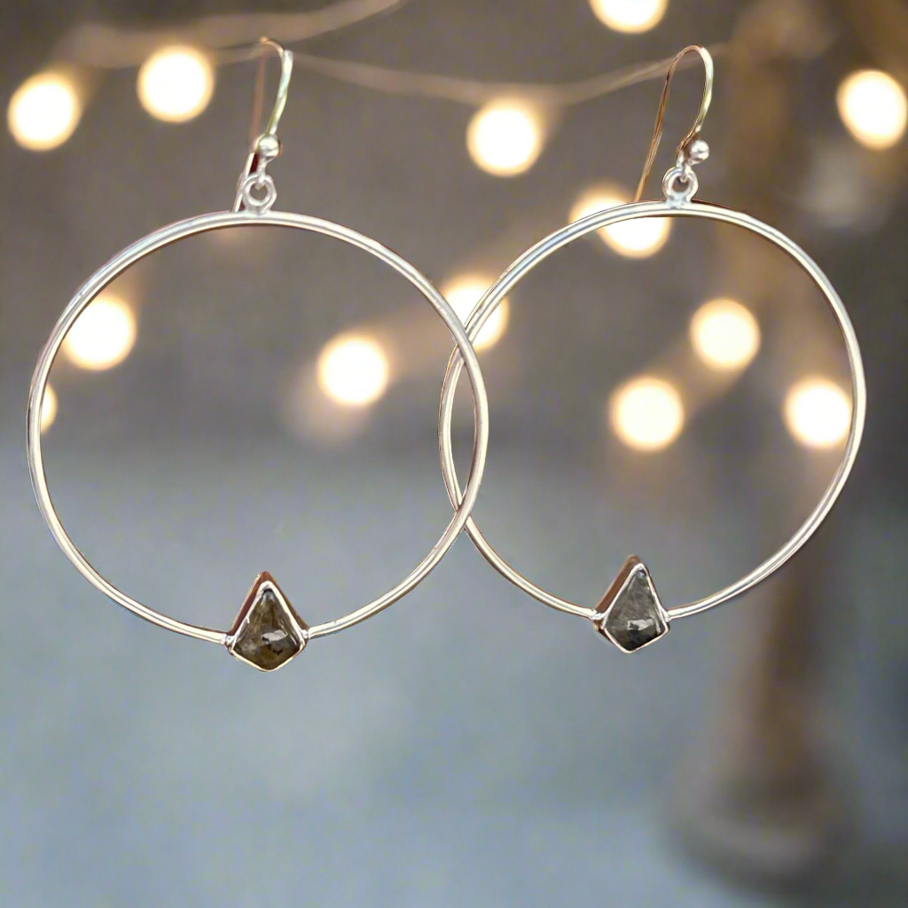 Genuine Labradorite .925 Silver Hoops 2.5” Long!