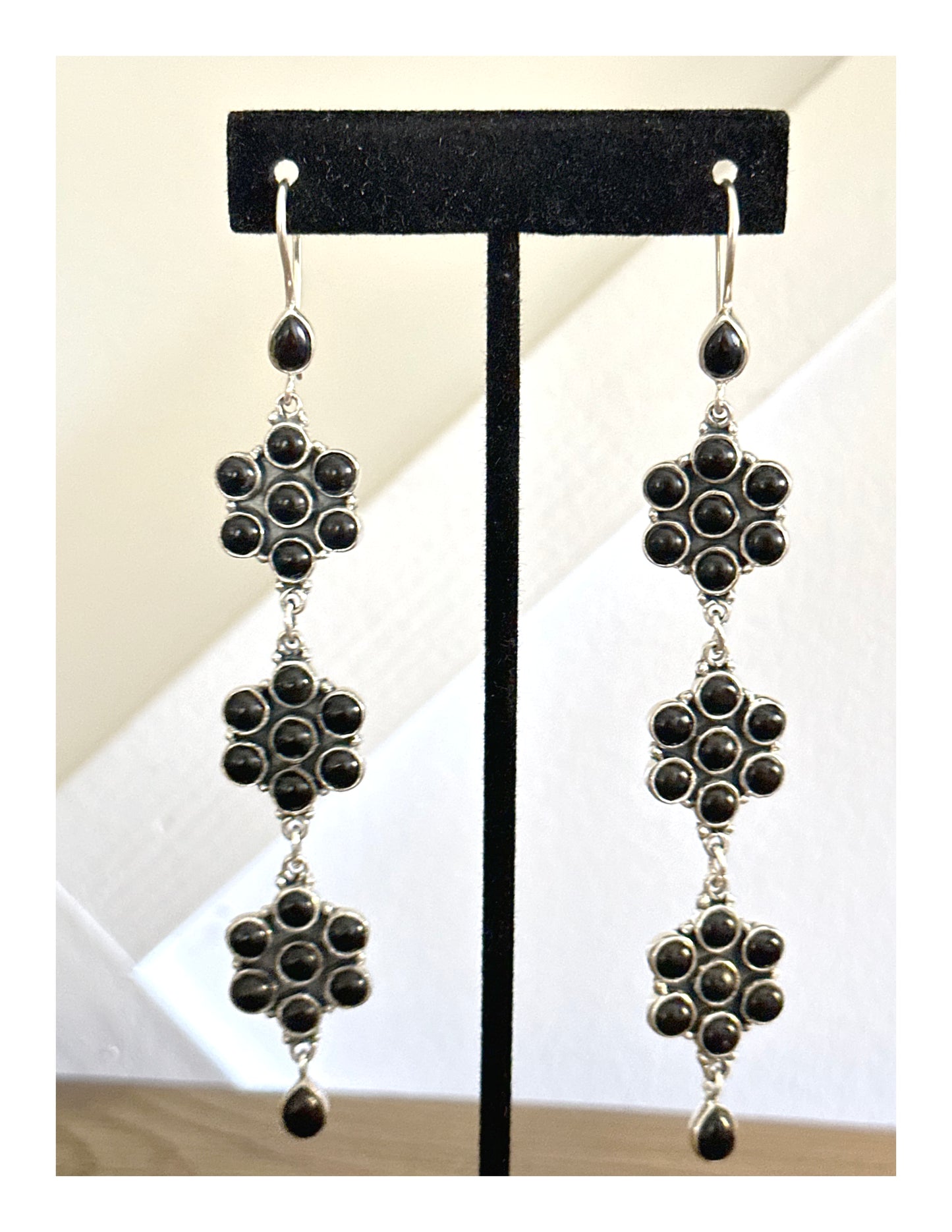 Southwestern Natural Onyx .925 Sterling Dangle Flower Earrings 4.5” Long!