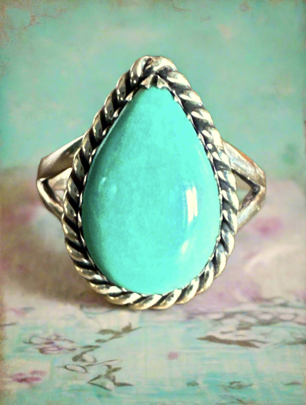 Southwestern Rope Design Turquoise Sterling Silver Ring Size 7