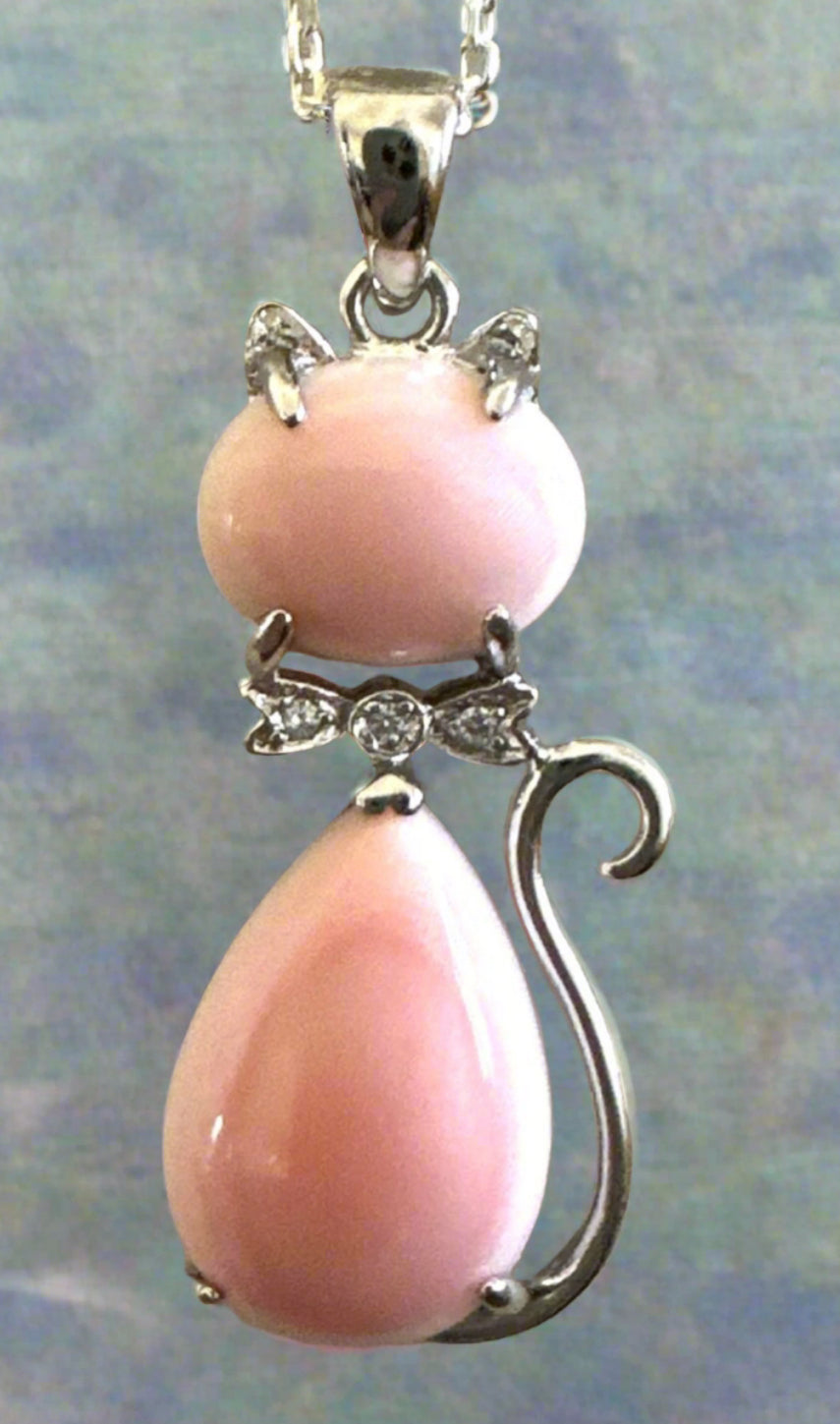 Genuine Pink Conch & CZ Cat Pendant & Free .925 Chain 16”