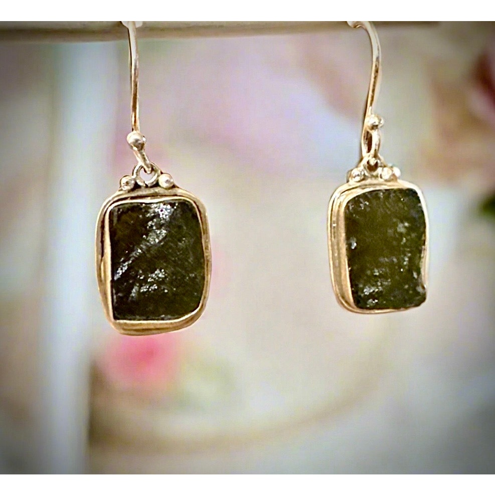 Rough Square Moldavite 925 Sterling Silver Dangle Earrings 1.5”