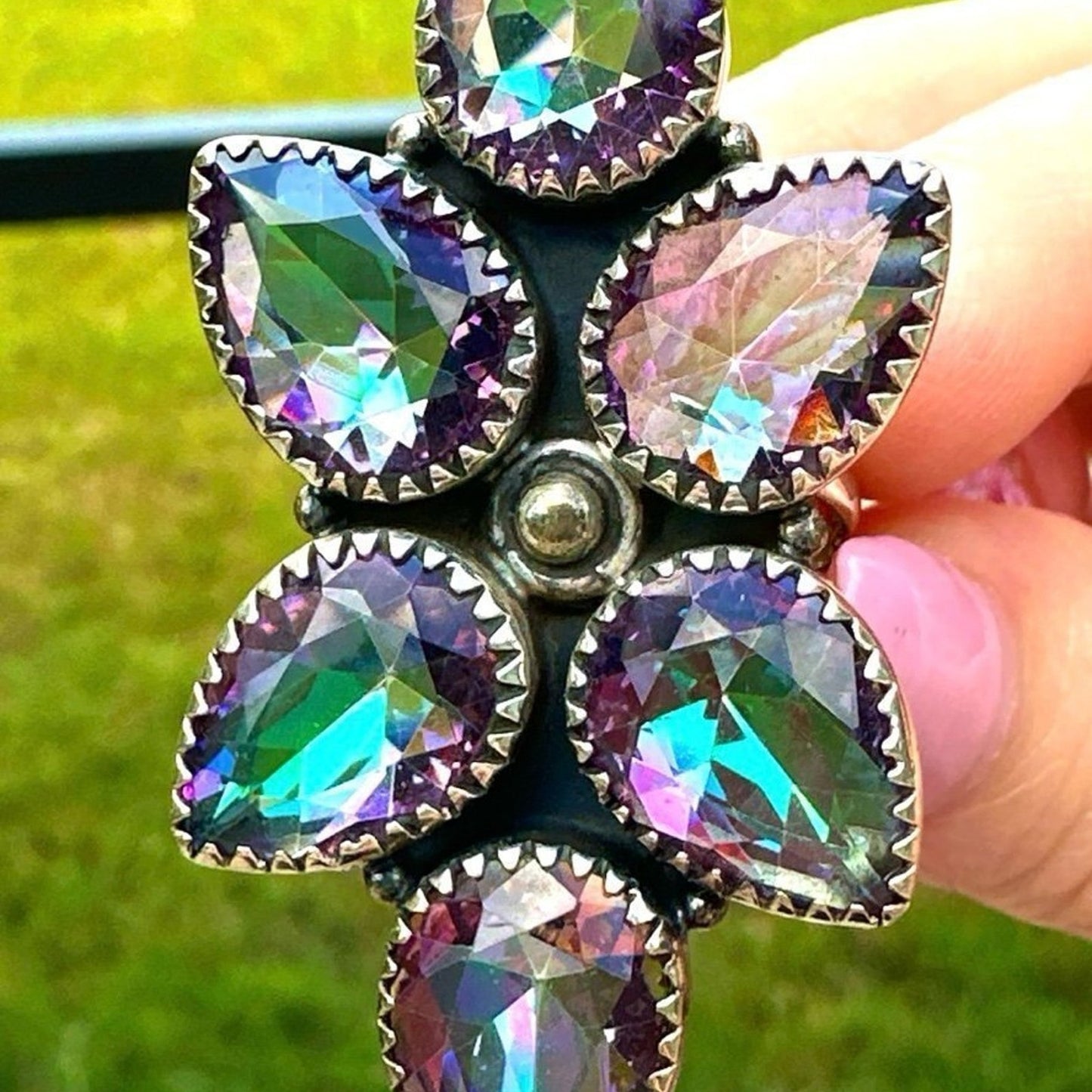 HUGE Teardrop Sawtooth Oxidized Mystic Topaz .925 Ring Adjustable 4-12