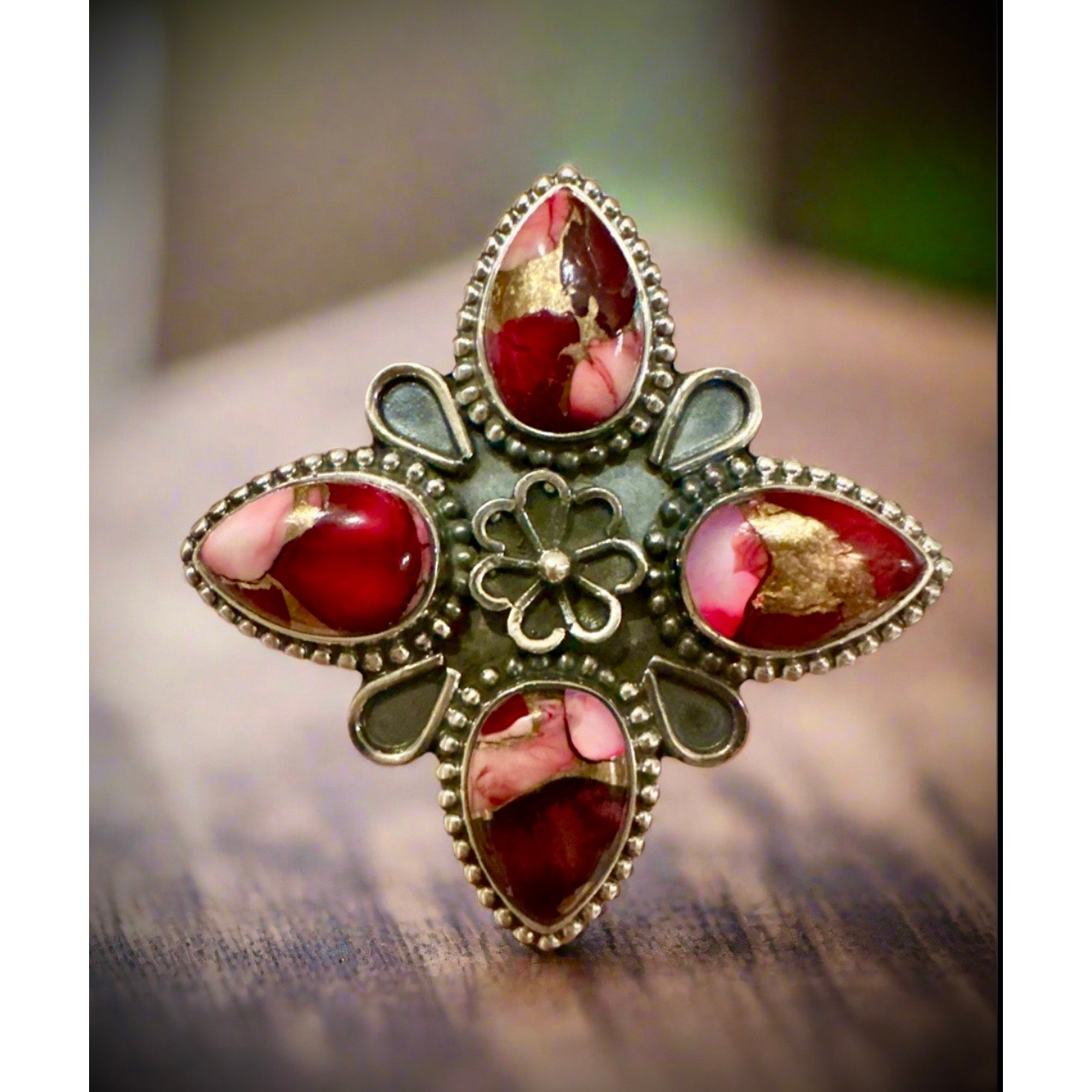 Red Rose Dahlia Statement Ring Sterling Silver Size 7