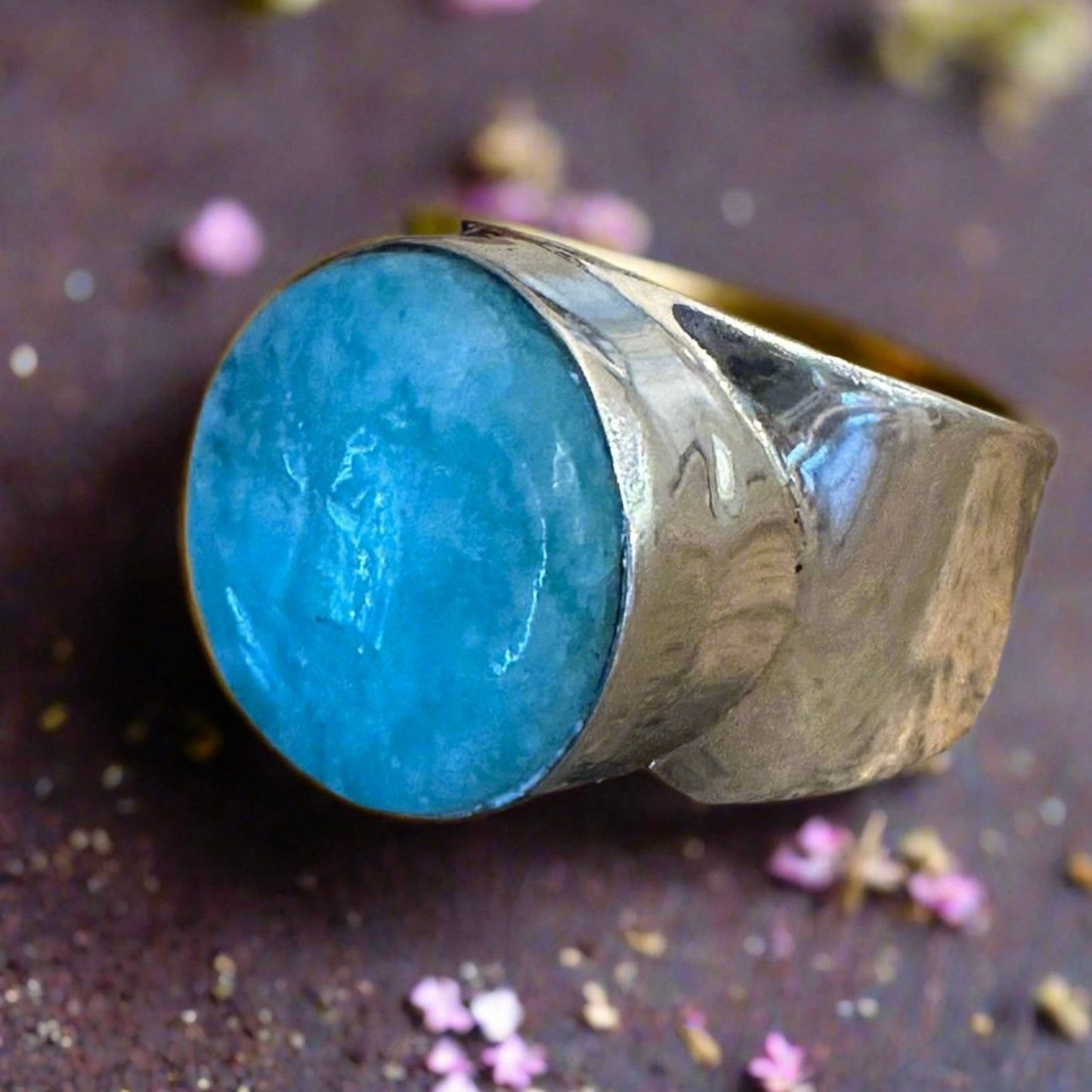 Custom made Carved Moon Face Amazonite .925 Ring 7.25