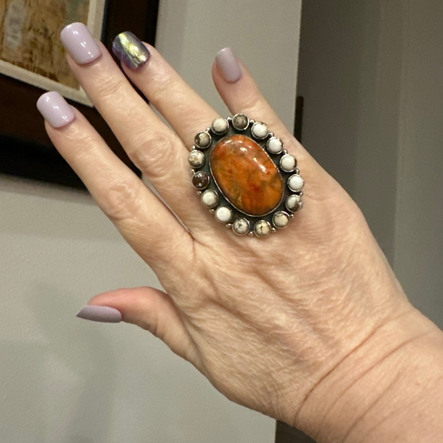 Huge Spiny Oyster & Wild Horse Jasper Southwestern Ring Adjustable Size