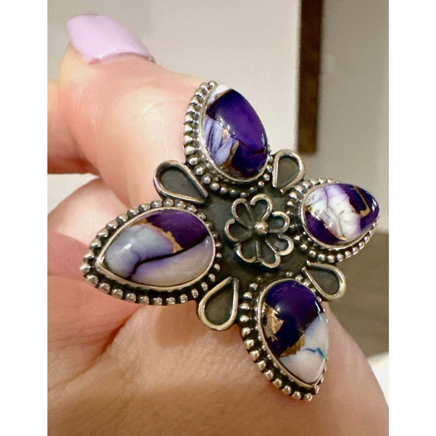 Purple Copper Dahlia Turquoise Sterling Silver Ring Size 8