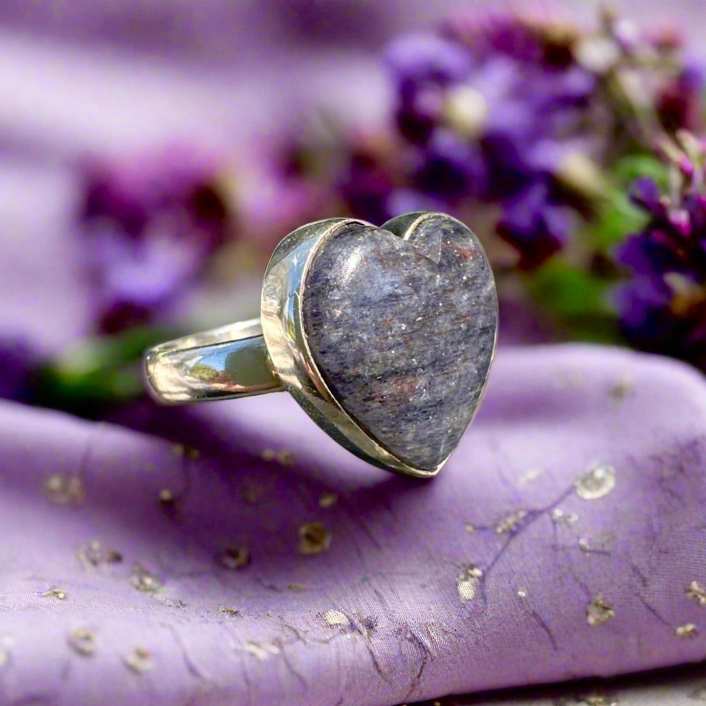 Purple Lepidolite Heart Sterling Silver Ring Size 6.5