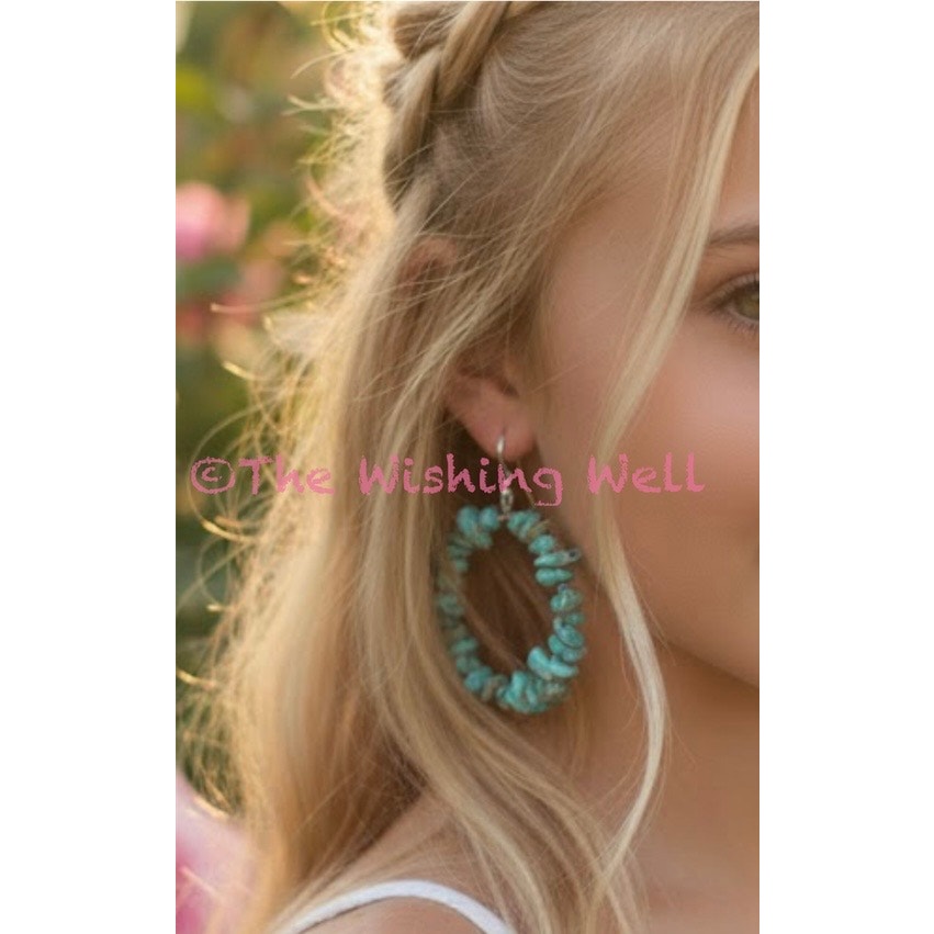 Genuine Turquoise Chip Hoop Dangle 925 Silver Earrings 2”