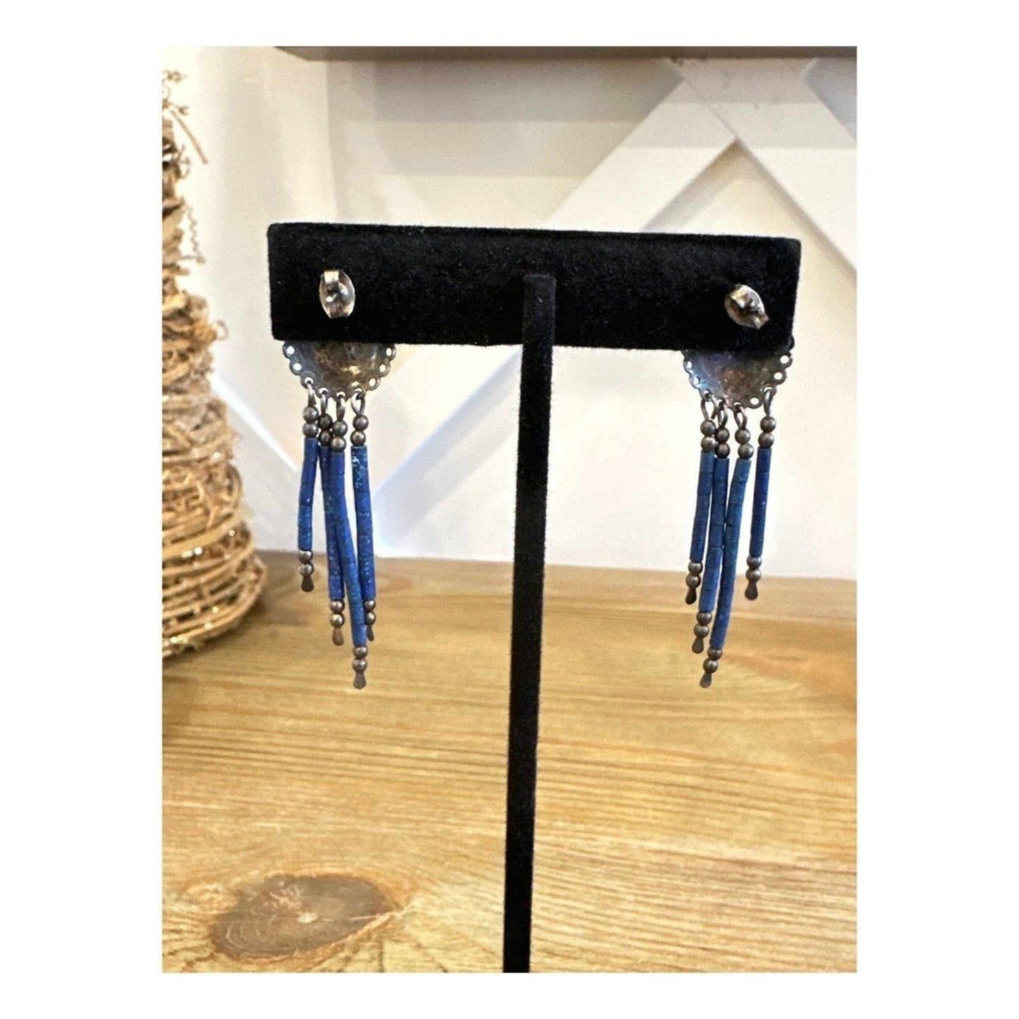 Vintage Sterling Silver Dangle Earrings with Lapis Lazuli 2"