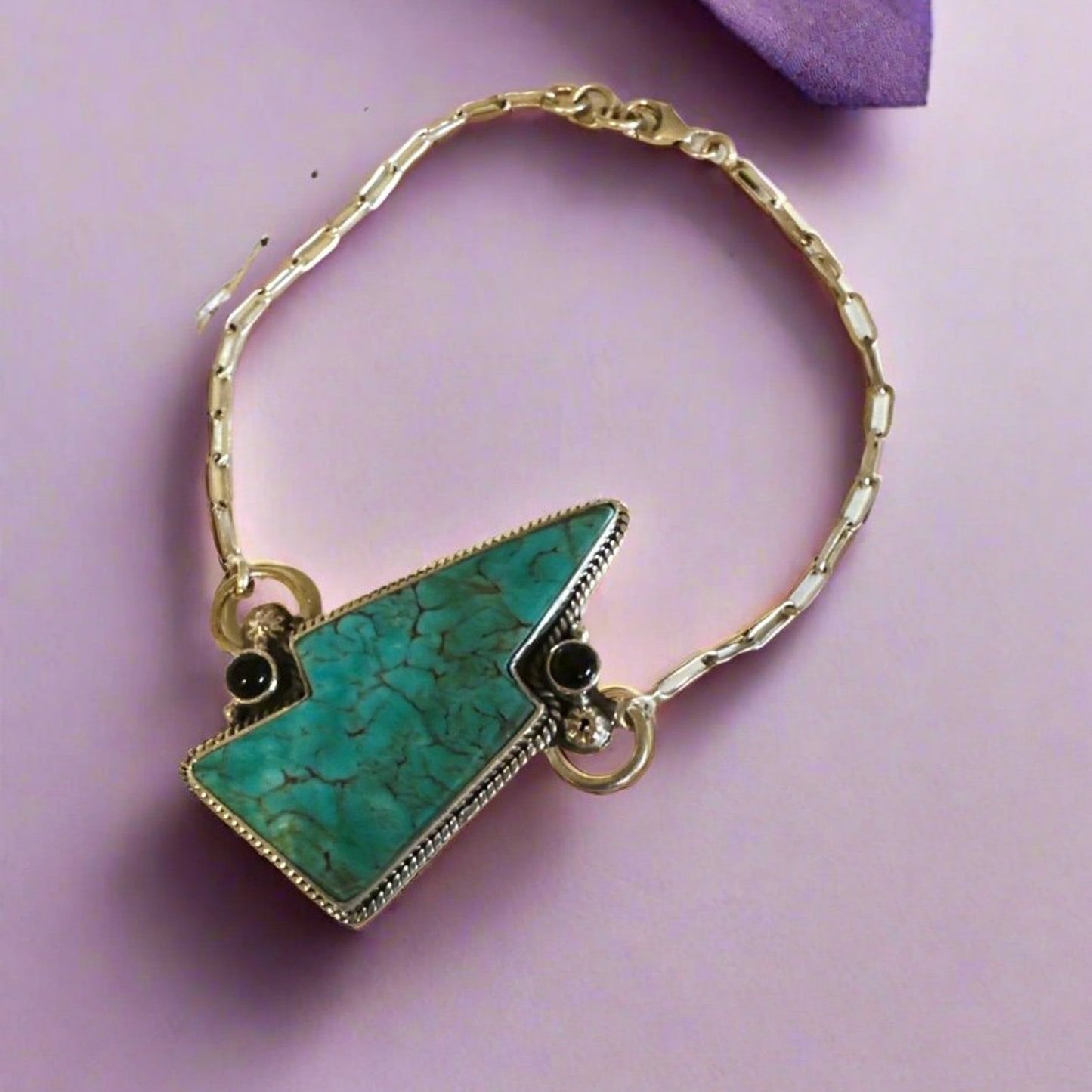 Turquoise Lightening Bolt Paper Clip Sterling Silver Bracelet 7”