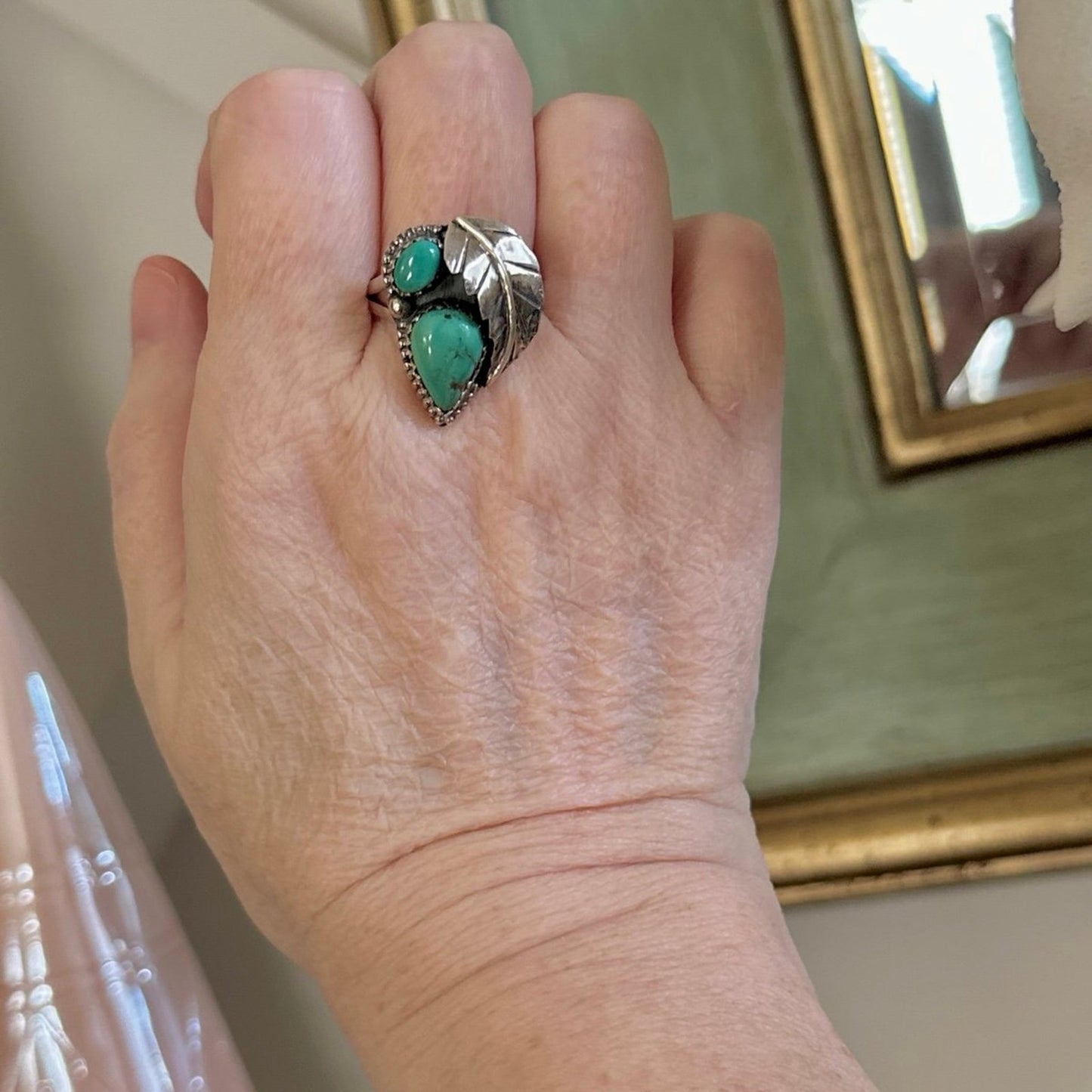 Genuine, turquoise leaf design, two stone southwestern ring .925 silver size 10