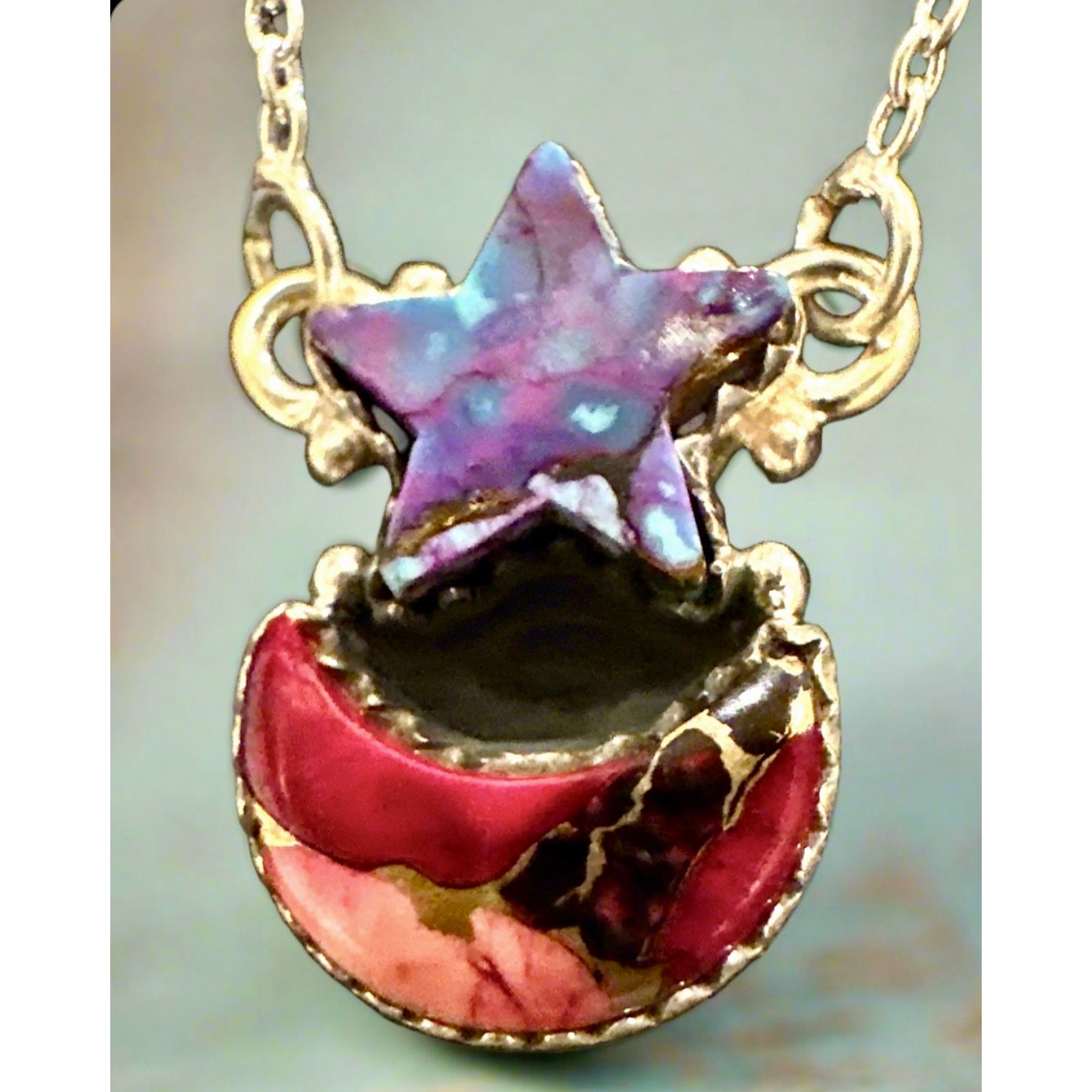 Purple Mohave Turquoise & Red Dahlia | Star & Moon | Sterling Silver Necklace | 18-20”