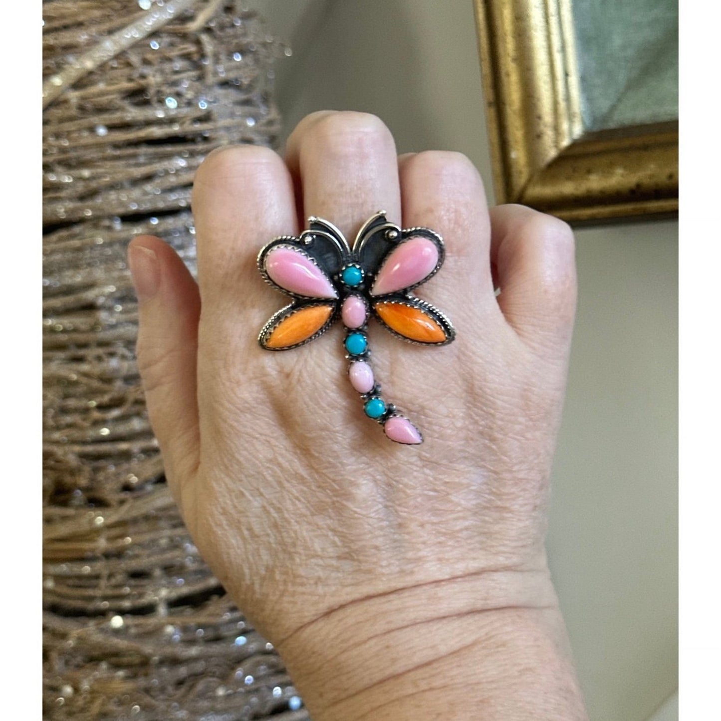 Southwestern Turquoise, Spiny Oyster Pink Conch Dragonfly Ring Size 7.5