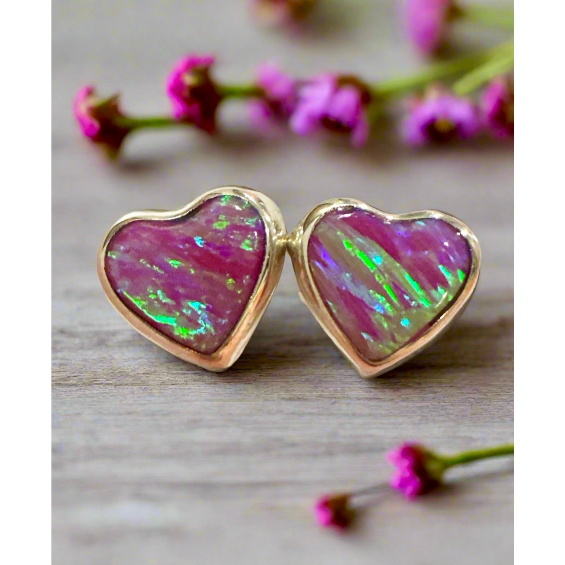 Pink Opal | Heart Shape Stud Earrings | 925 Sterling Silver