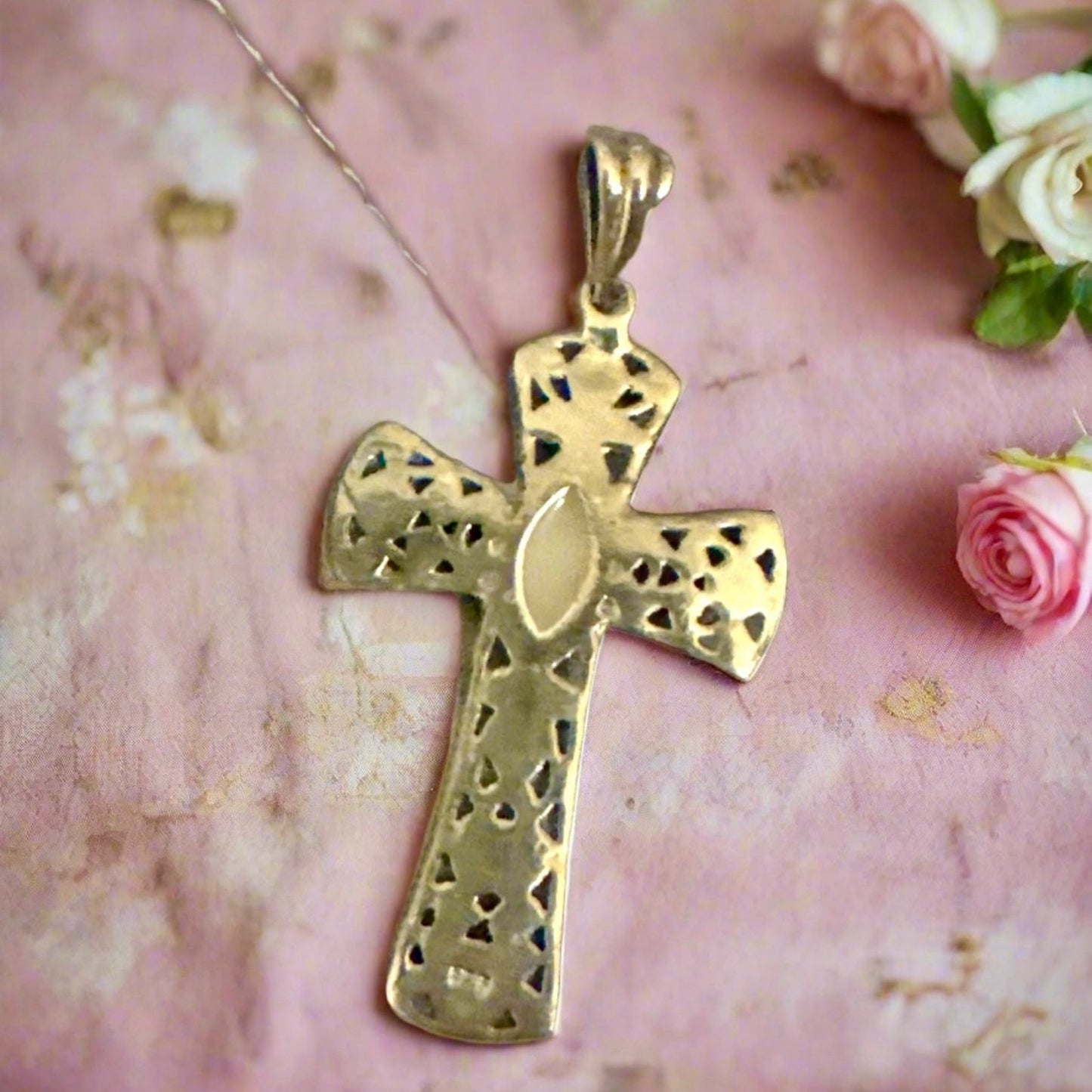 Vintage Mother of Pearl Filagree Sterling Silver Religious Cross Pendant