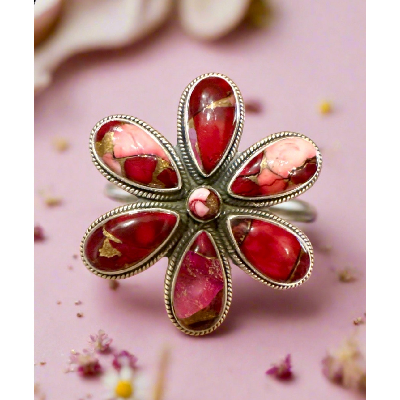 Red Rose Dahlia Flower Cluster Rope Design Ring Size 8