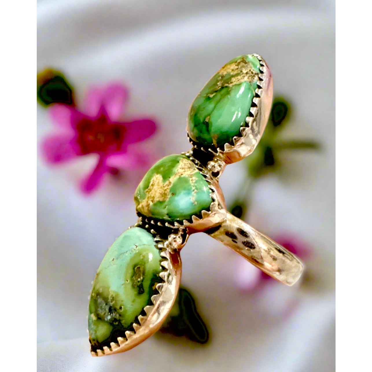 Sonoran Gold Turquoise Three Stone Ring Sterling Adjustable 5-10