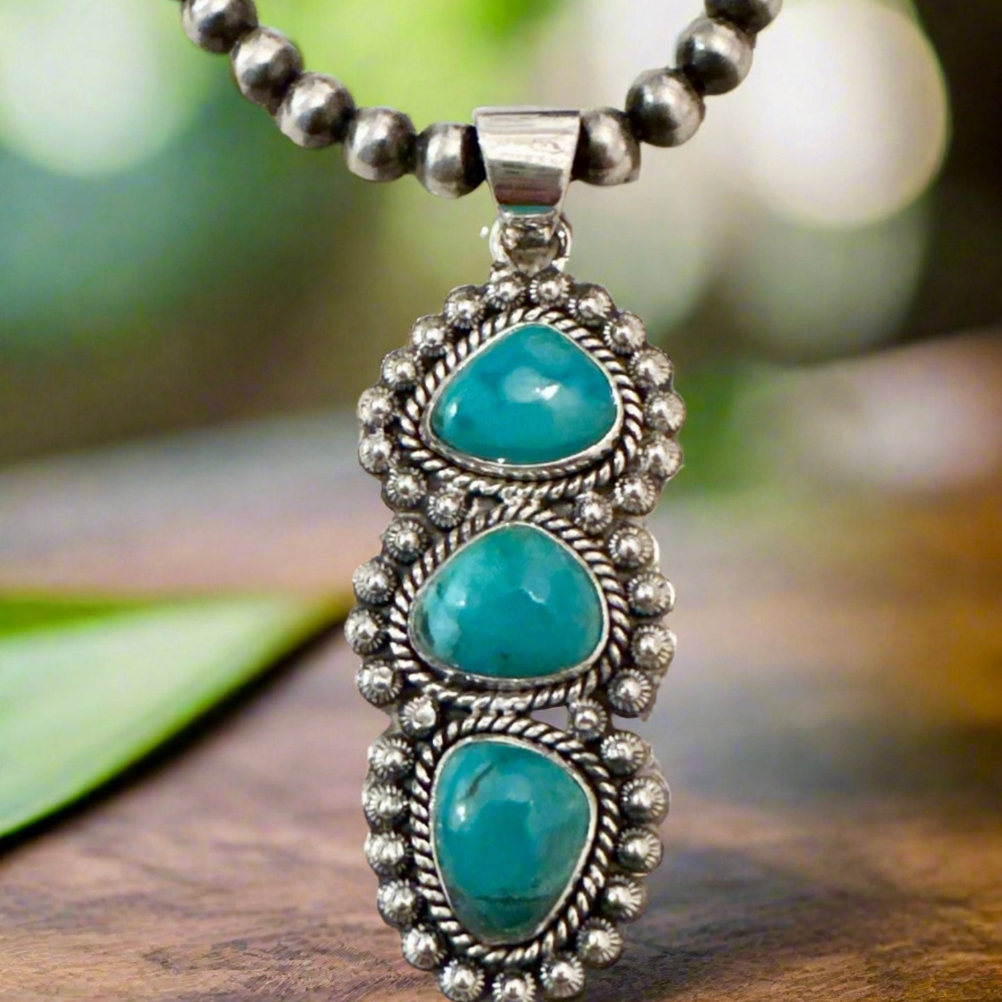 Arizona Turquoise Three Stone Southwestern Pendant Sterling Silver 2.25”