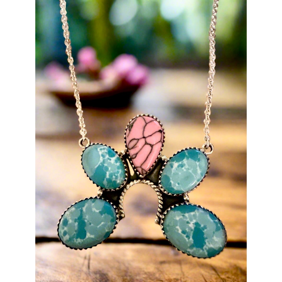 Pink Gibbsite & Larimar Naja Sterling Necklace 18” Adjustable