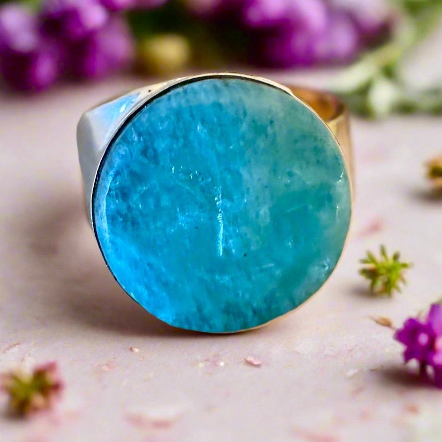 Custom made Carved Moon Face Amazonite .925 Ring 7.25