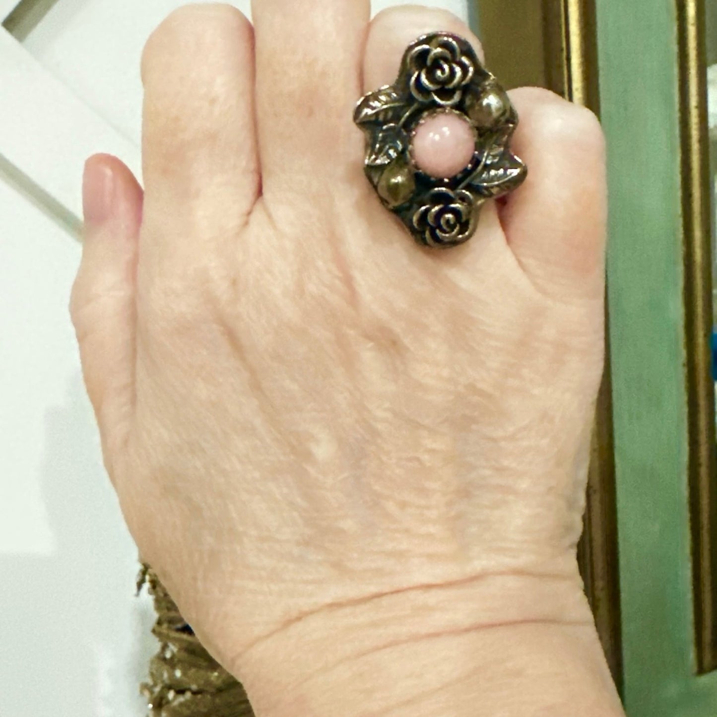 Amazing Pink Opal Hand Carved 925 Sterling Silver Ring Size 6