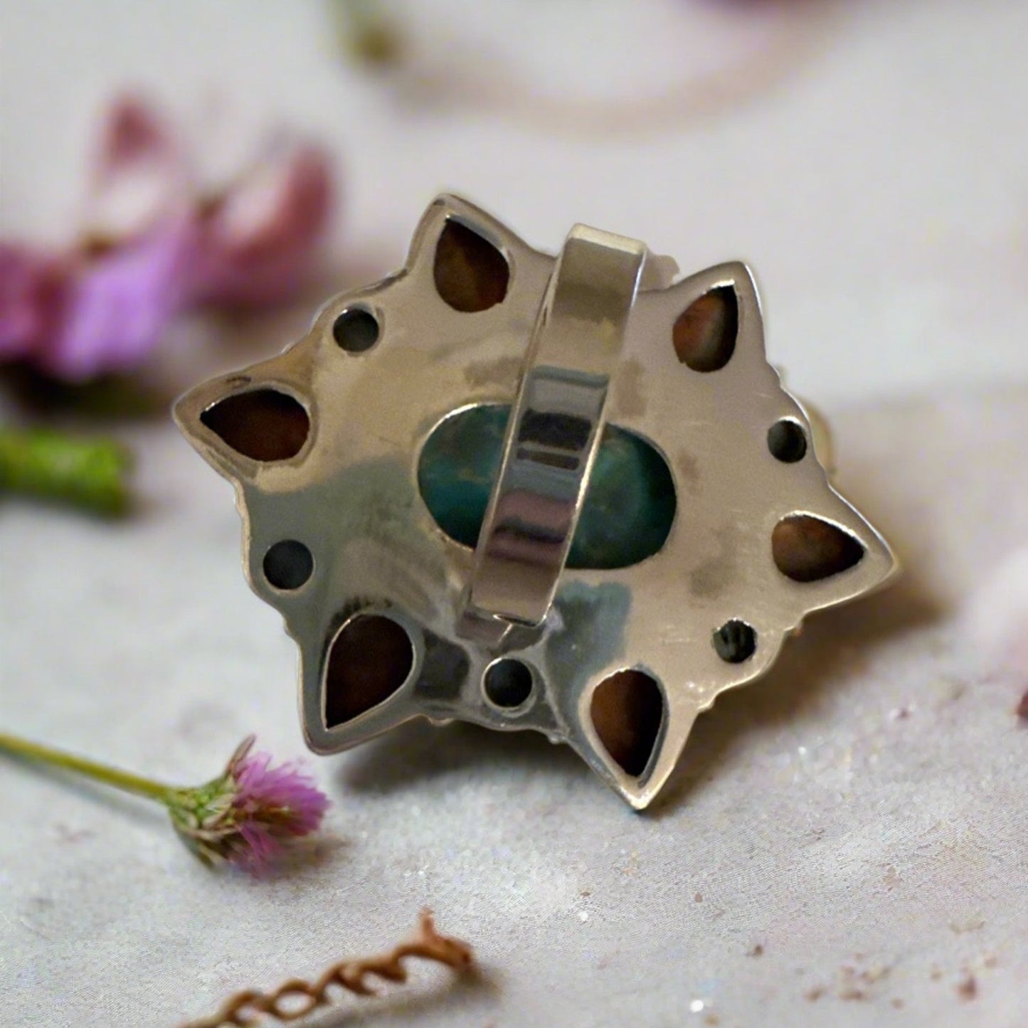 Faceted Mohave Turquoise Spiny Oyster & Larimar Statement Ring 1.75” Long