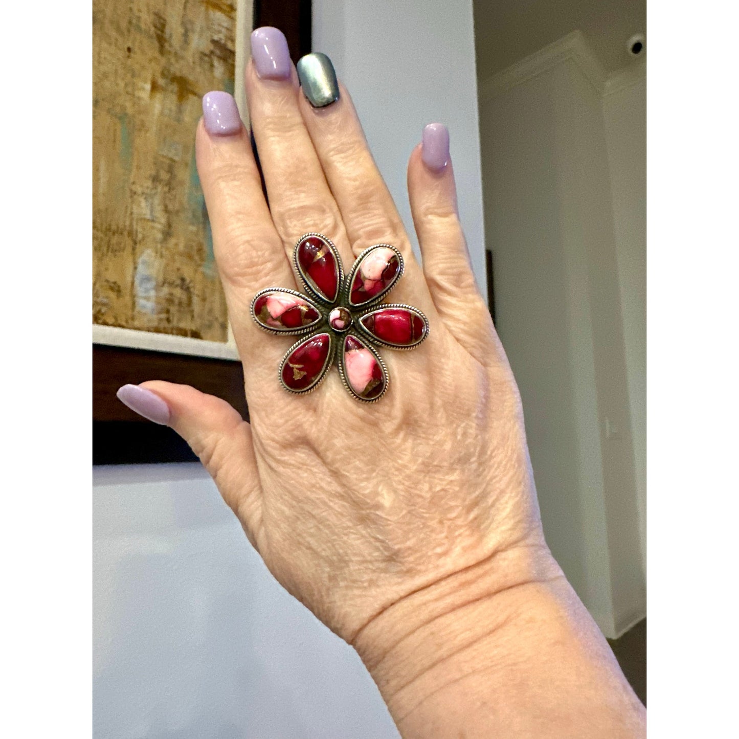 Red Rose Dahlia Flower Cluster Rope Design Ring Size 8