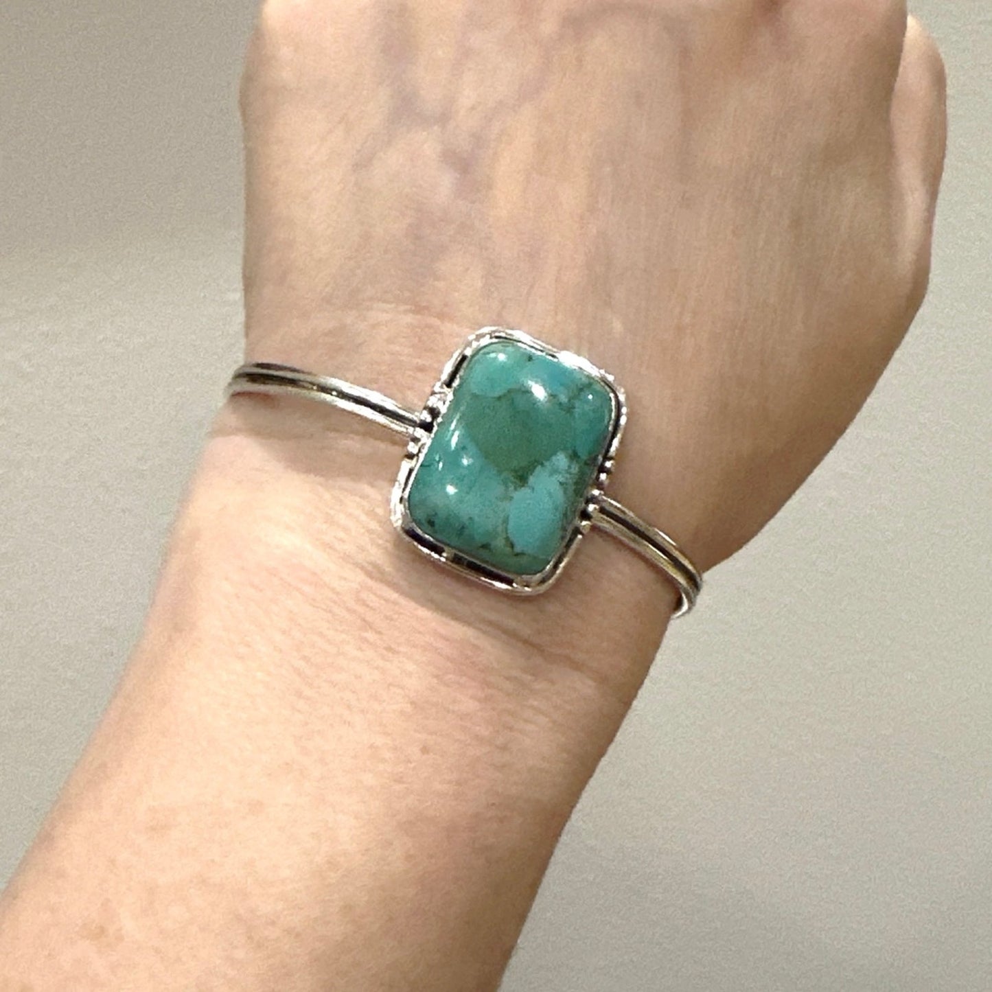 Square Green/Blue Turquoise Cuff 925 Silver Bracelet 1” Adjustable