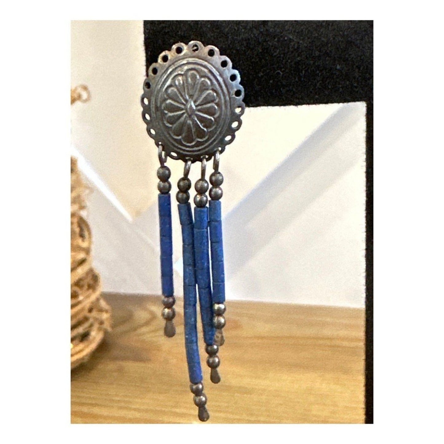 Vintage Sterling Silver Dangle Earrings with Lapis Lazuli 2"