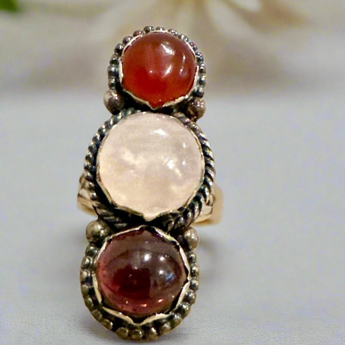 Amazing Raspberry Red Rhodolite, Moonstone & Carnelian Three Stone Ring size 6