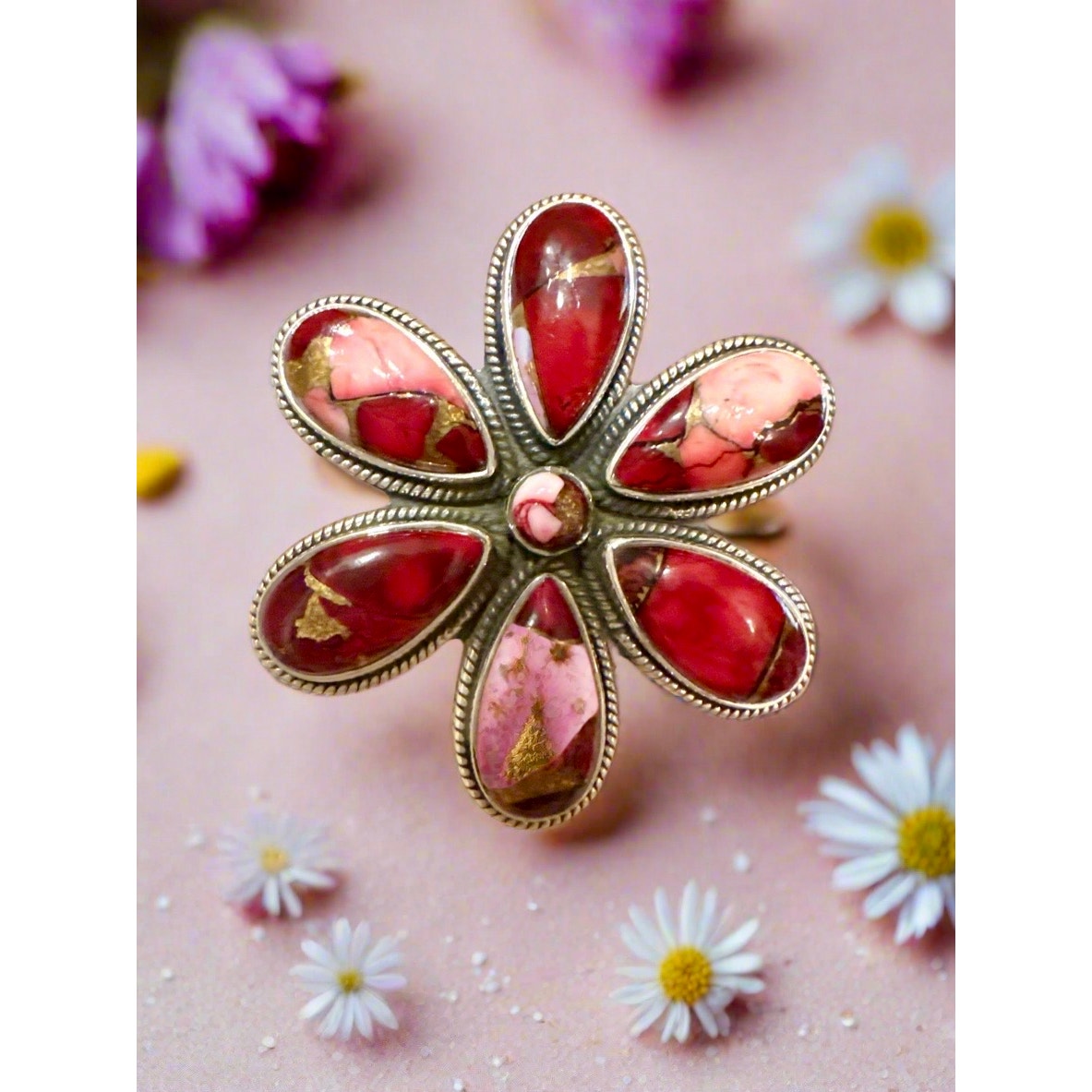 Red Rose Dahlia Flower Cluster Rope Design Ring Size 8