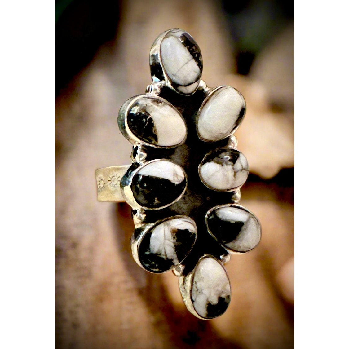 White Buffalo Southwestern Cluster Sterling Silver RIng Adjustable in Size