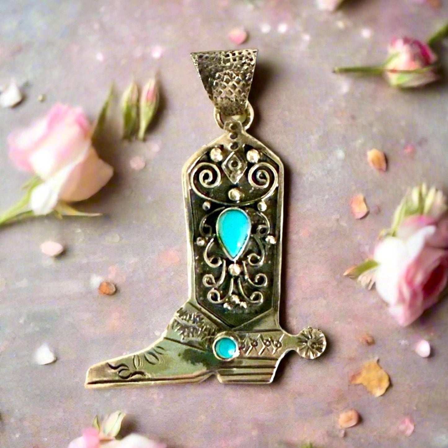 Turquoise Cowboy Boot Sterling Southwestern Pendant 2” Long