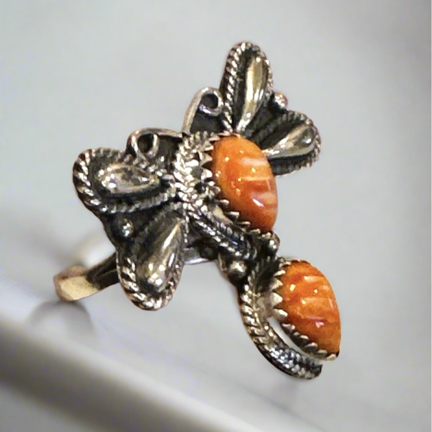 Orange Spiny Oyster Butterfly Ring .925 Sterling Silver Size 9