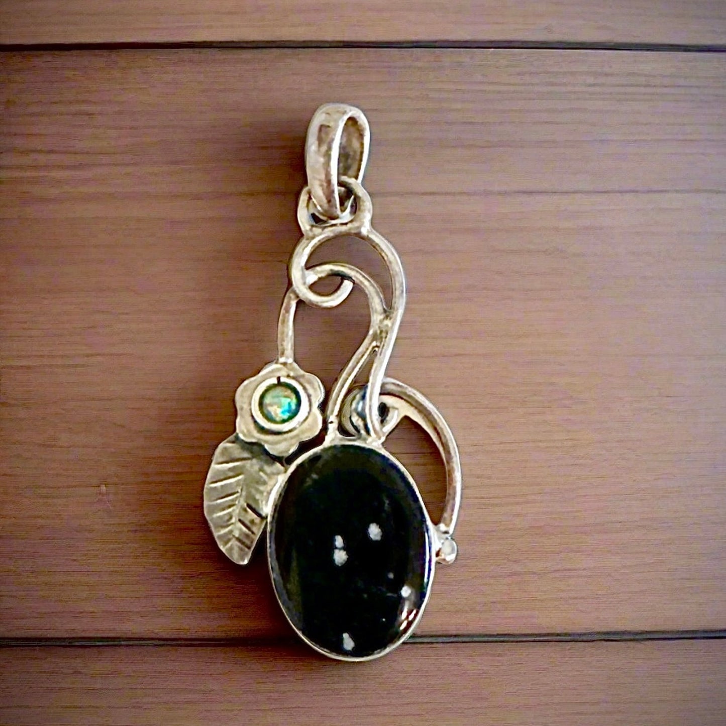 Snowflake Obsidian & Ethiopian Opal Oval Leaf Feather Pendant 2”