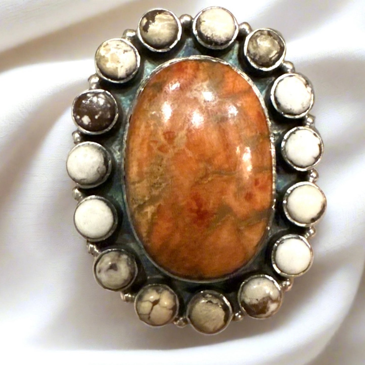 Huge Spiny Oyster & Wild Horse Jasper Southwestern Ring Adjustable Size