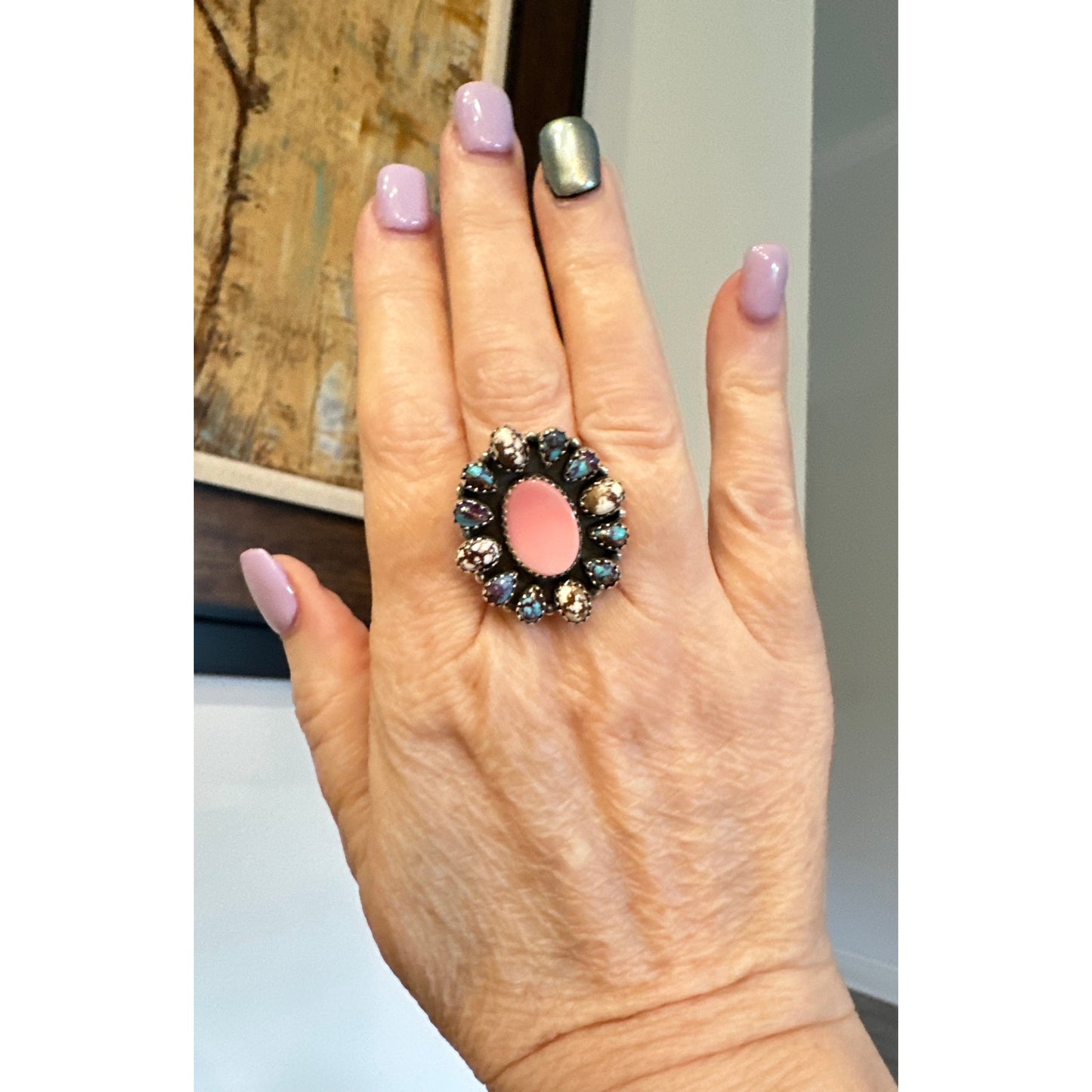 Queen Pink Conch Wild Horse Jasper & Purple Mojave Cluster Ring Adjustable 6-10