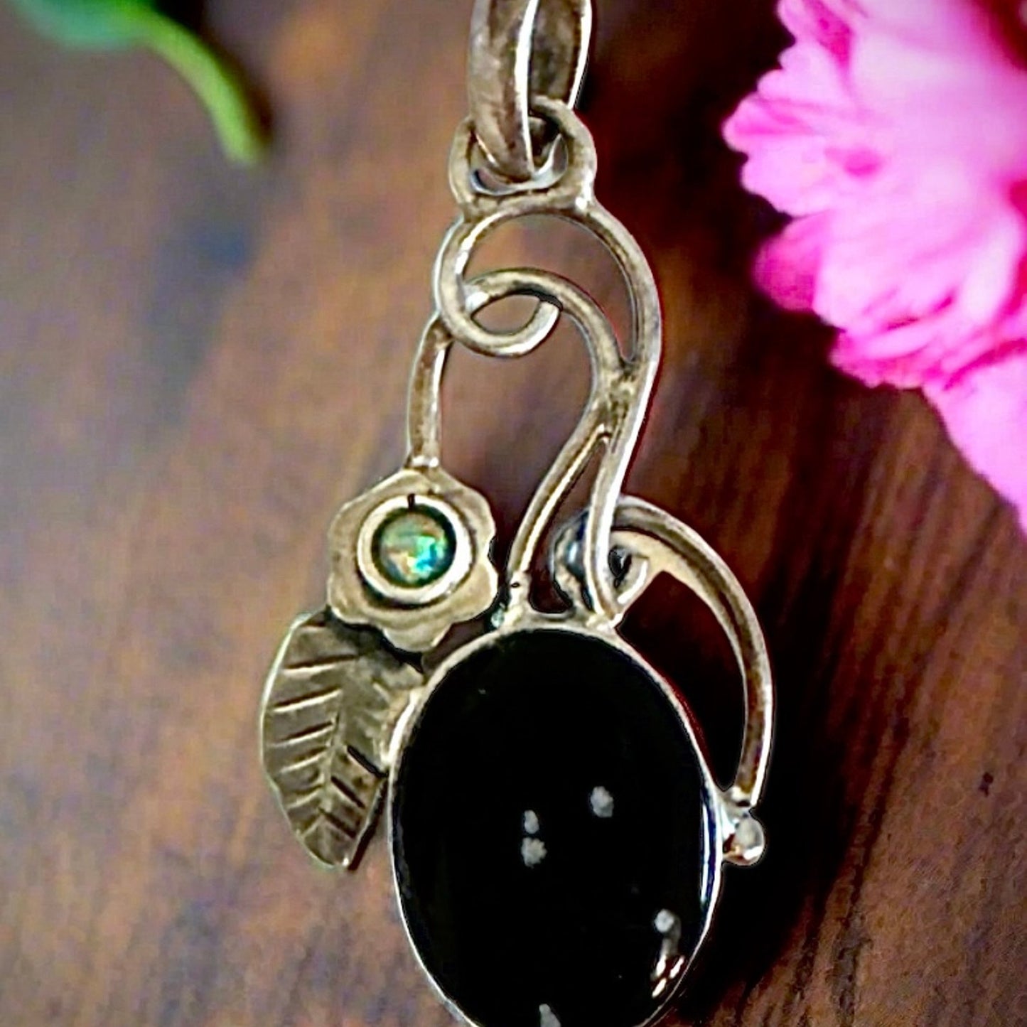 Snowflake Obsidian & Ethiopian Opal Oval Leaf Feather Pendant 2”