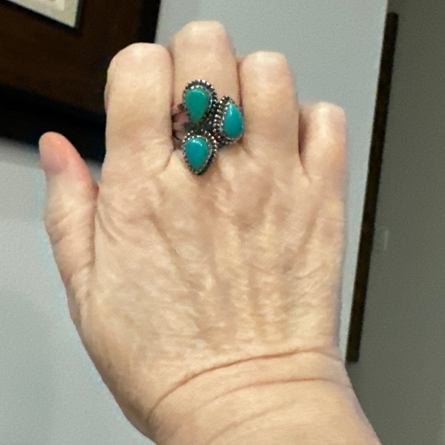 Three Stone Green Turquoise Teardrop Pear Ring Size 9