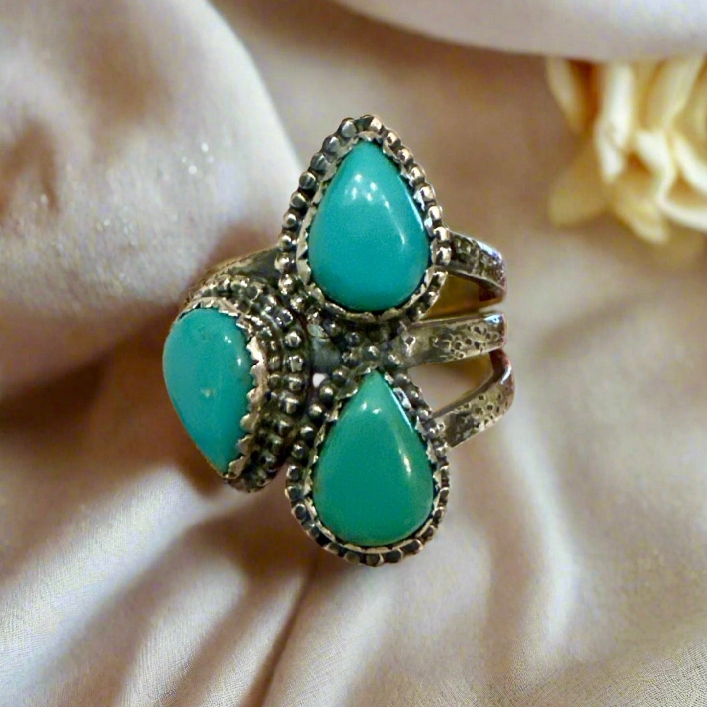 Three Stone Green Turquoise Teardrop Pear Ring Size 9