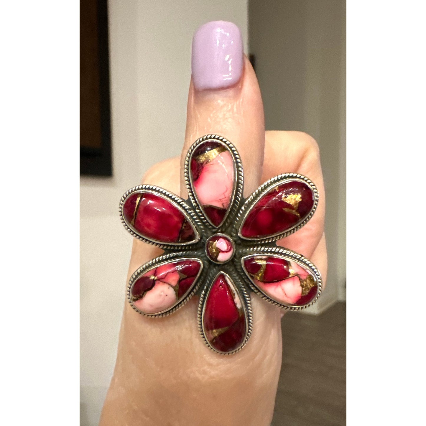 Red Rose Dahlia Flower Cluster Rope Design Ring Size 8