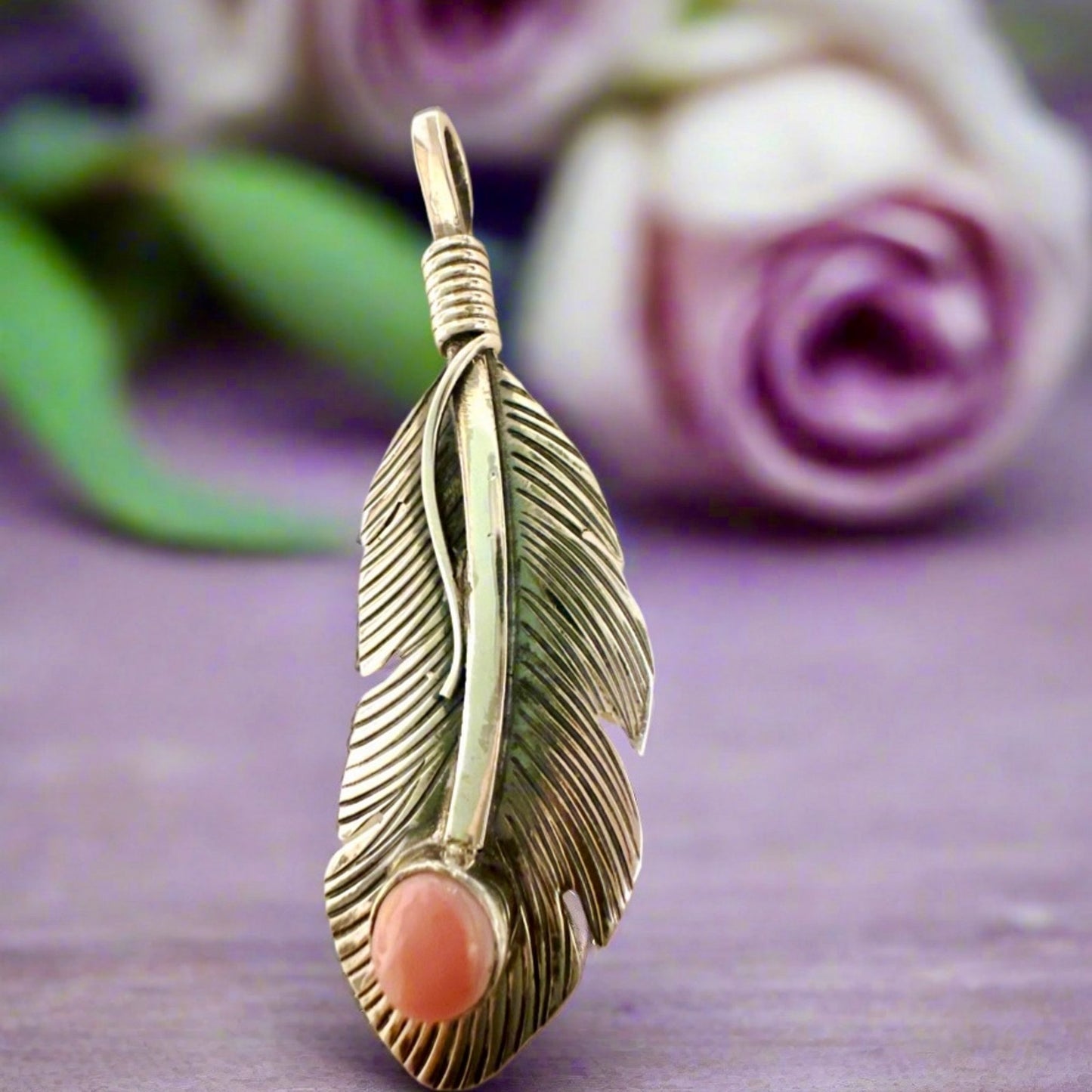 Pink Conch Southwestern Feather Sterling Silver Pendant 2” Long