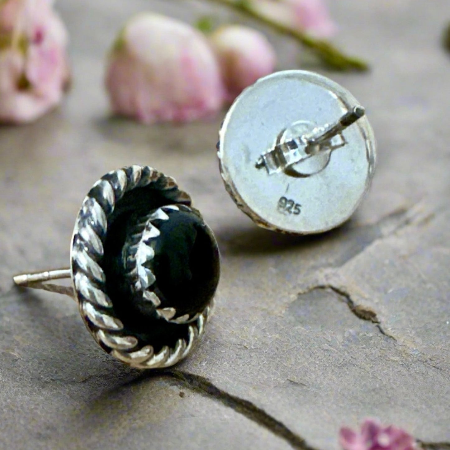 Onyx .925 Sterling Silver Round Stud Earrings