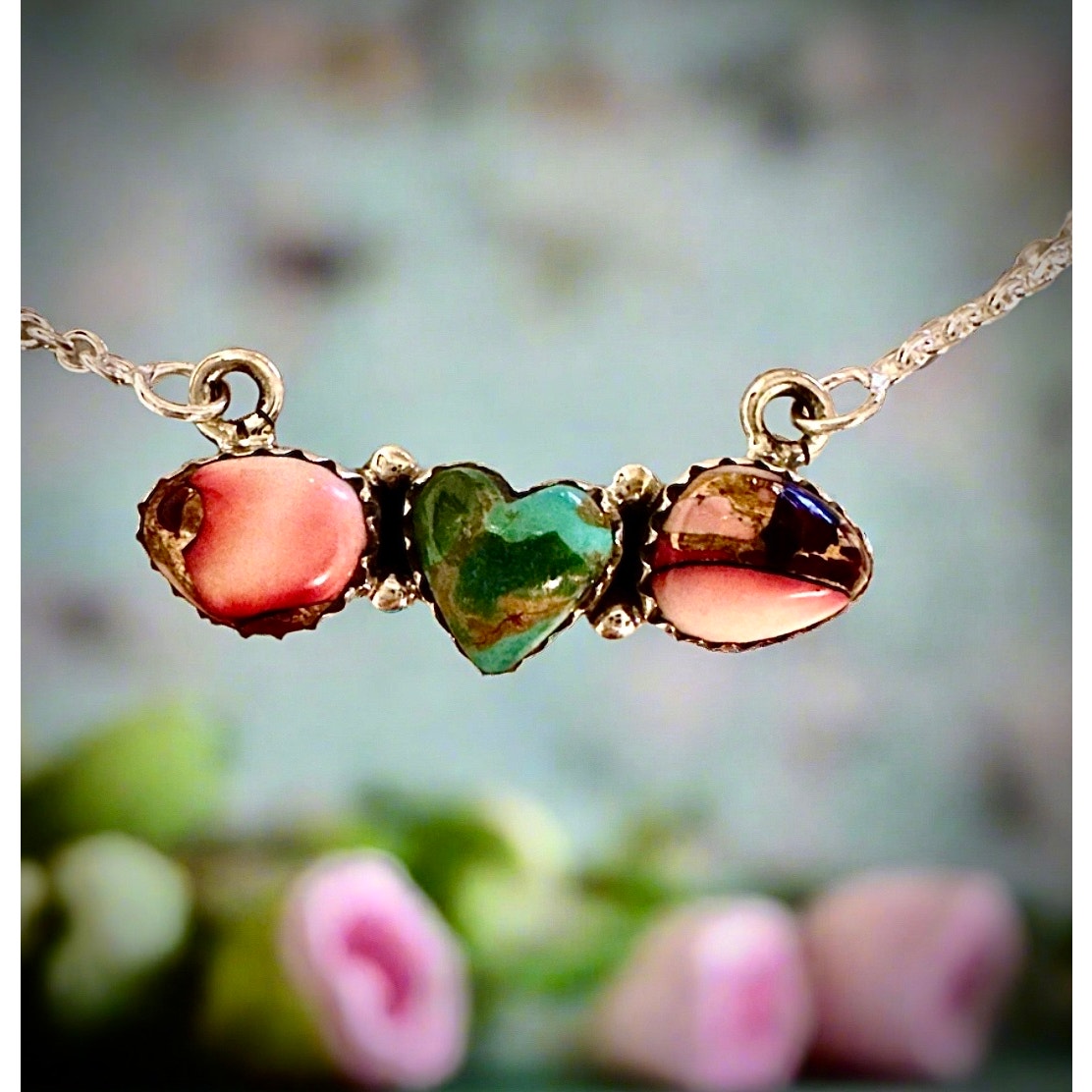 Sonoran Gold Turquoise & Rose Dahlia Heart Necklace 16-18”