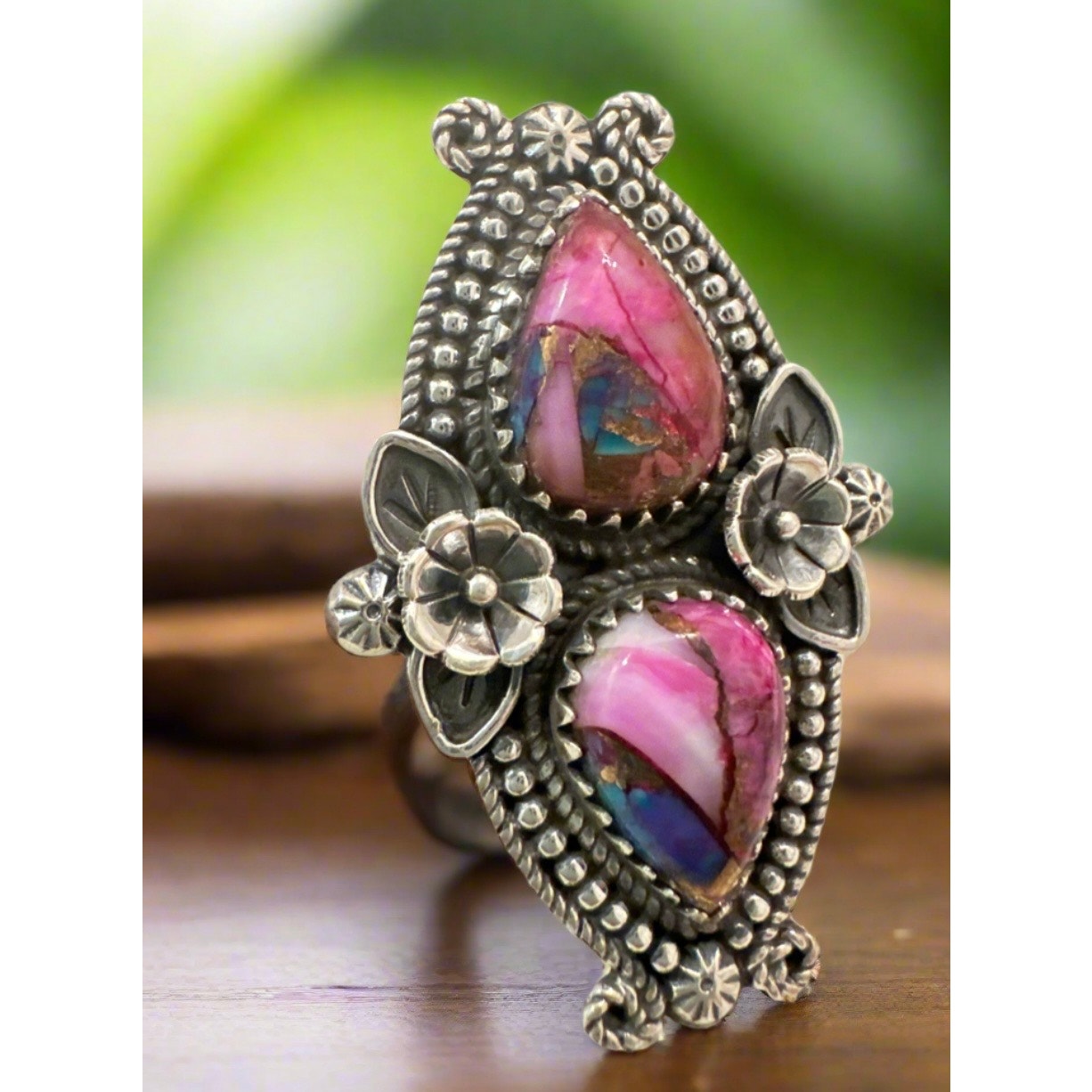 Red Rose Dahlia Two Stone Tear Drop Flower Sterling Silver Ring Size 8