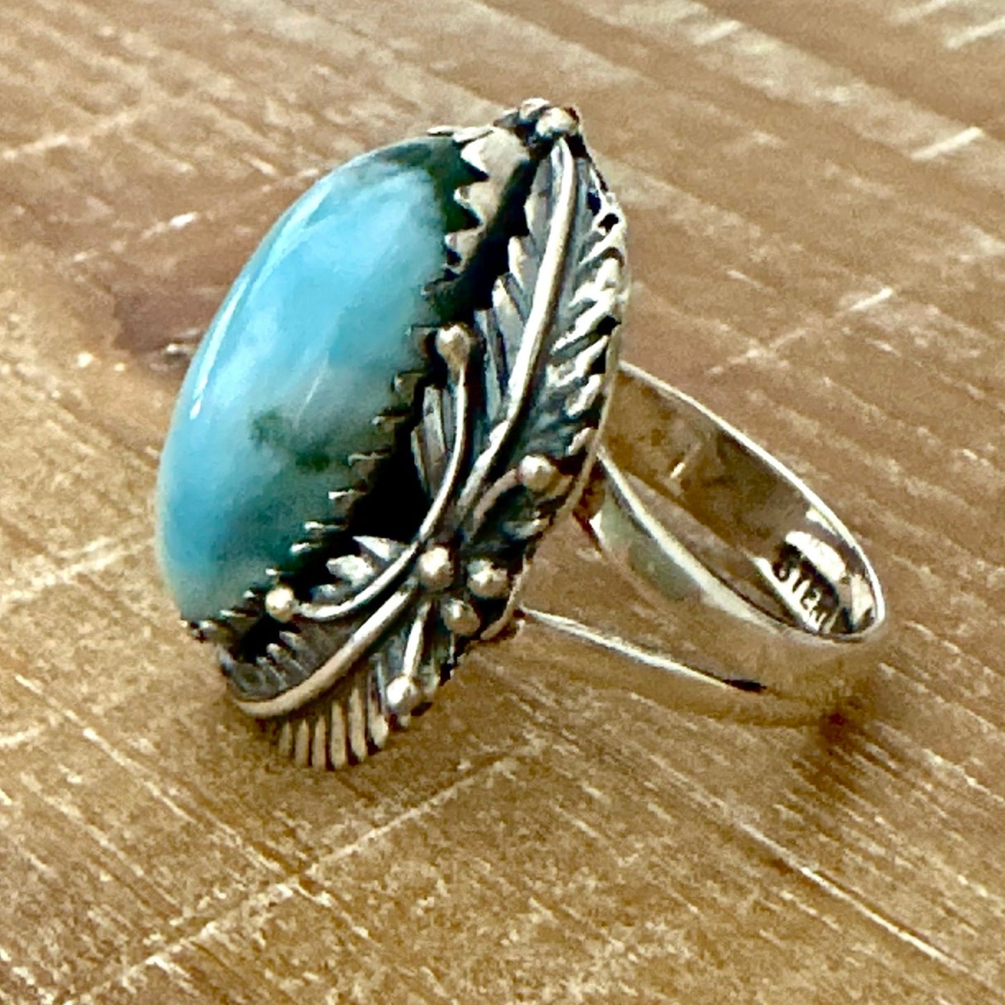 Larimar .925 Sterling Silver Floral Leaf Design Ring Size 6.75
