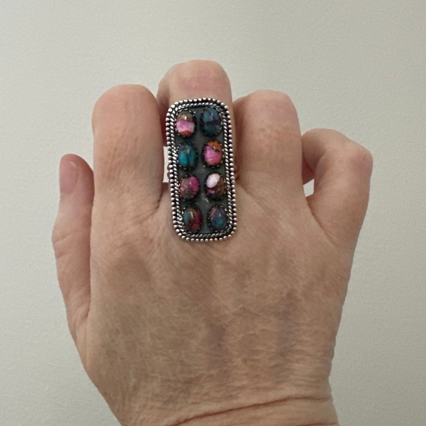 Handmade Pink Dahlia Long Native American Style Ring Sterling Silver Size 8