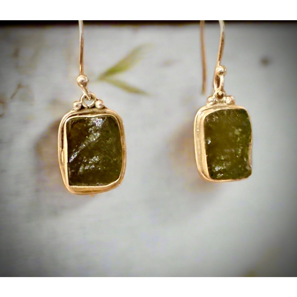 Rough Square Moldavite 925 Sterling Silver Dangle Earrings 1.5”