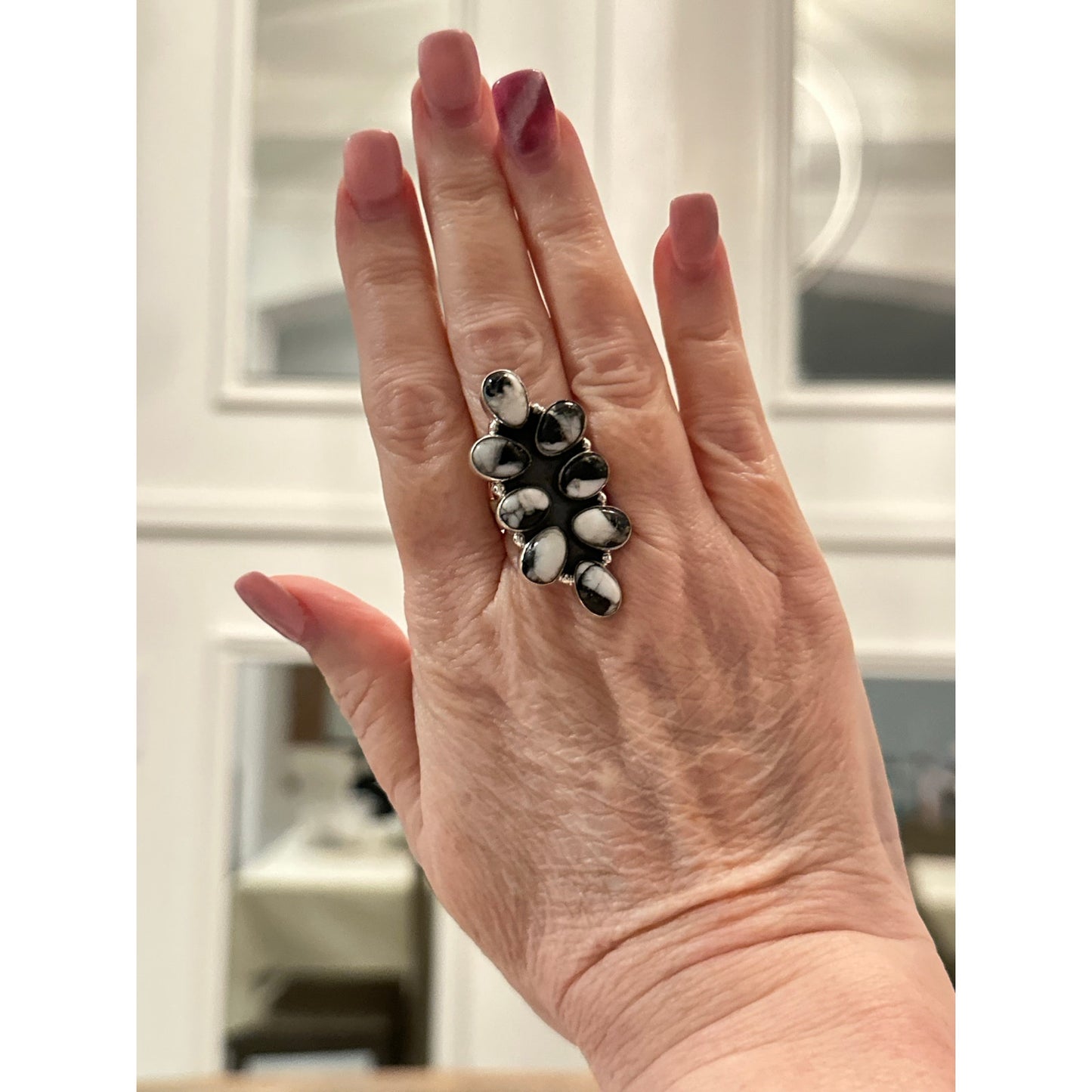 White Buffalo Southwestern Cluster Sterling Silver RIng Adjustable in Size